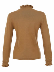 Dolcezza taupe knit sweater with long sleeves, a ruffled mock neck, and ruffled cuffs, shown from the back on a white background.