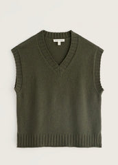 An olive green ribbed knit sweater vest with a V-neck, sleeveless design, and ribbed trim, displayed flat against a light off-white background.