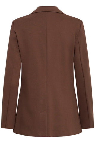 Close-up of Ichi brown blazer showing the chest area with a single button closure and two flap pockets.