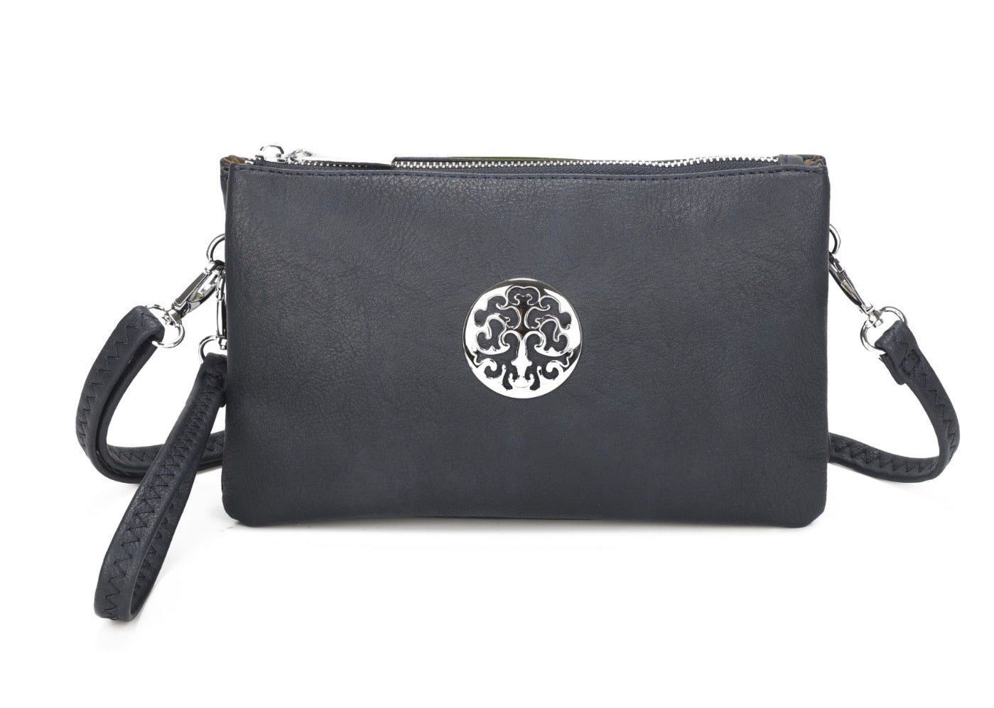 Wristlet bag with handle and straps in dark blue with silver Motif on bag with zipper fastener. 
