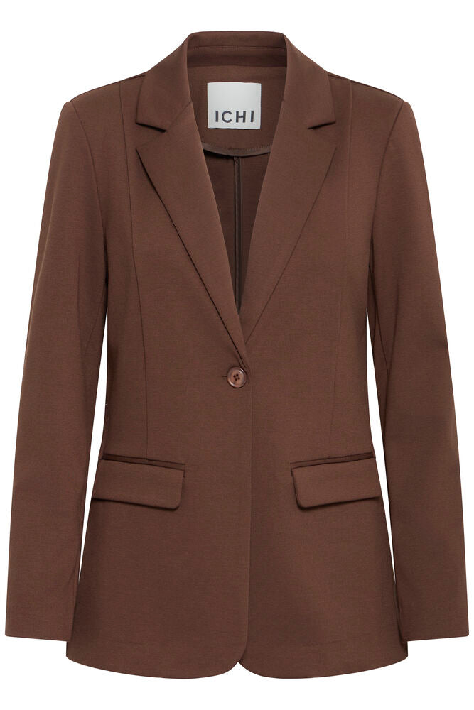 Ichi brown single breasted blazer with notch lapels, a single button closure, and flap pockets, shown on a plain white background. The brand label 'ICHI' is visible inside the collar.