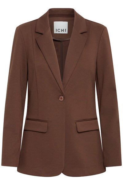 Ichi brown single breasted blazer with notch lapels, a single button closure, and flap pockets, shown on a plain white background. The brand label 'ICHI' is visible inside the collar.