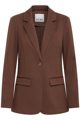 Ichi brown single breasted blazer with notch lapels, a single button closure, and flap pockets, shown on a plain white background. The brand label 'ICHI' is visible inside the collar.