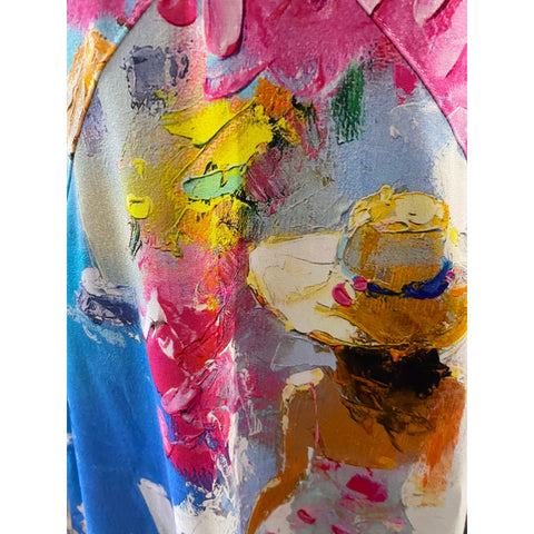 Abstract artwork with colorful figures and shapes.