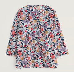 Floral patterned shirt on a white background.