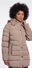A woman wearing a Rino & Pelle taupe-brown hooded padded jacket with horizontal quilting, shown against a plain white background.