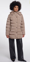 A model wearing a Rino & Pelle taupe-brown hooded padded jacket with black wide-leg pants, standing against a light grey studio background.