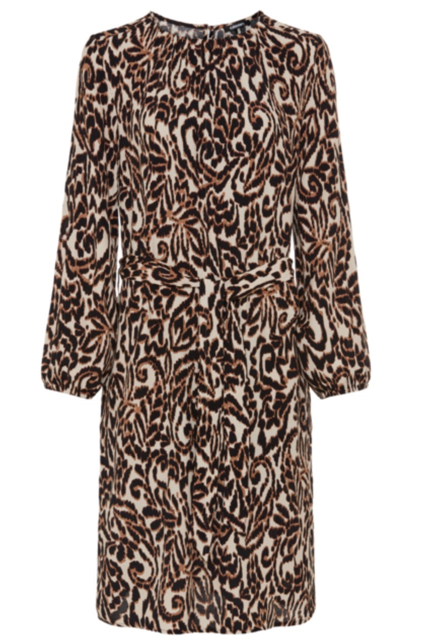 Olsen Women’s long-sleeve dress with a brown, black, and beige floral paisley pattern, featuring a tie belt at the waist, shown against a plain white background.