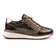 Brown sneaker with leopard print pattern on a white background