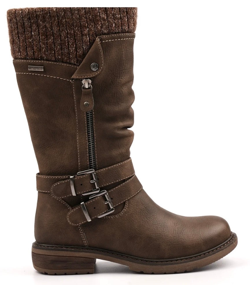 Lunar knee-high taupe boots with side zipper, buckle straps and chunky sole.  Shown against a plain white background.