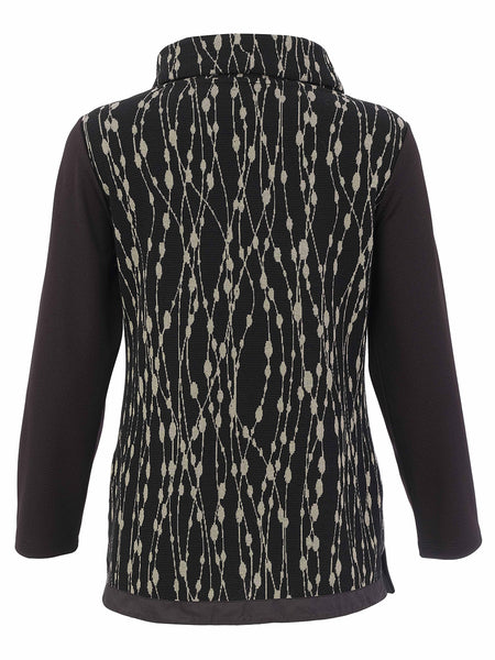A women's Dolcezza long-sleeve knit top shown from the back, featuring a black base with a beige vertical dotted line pattern and solid dark brown sleeves.