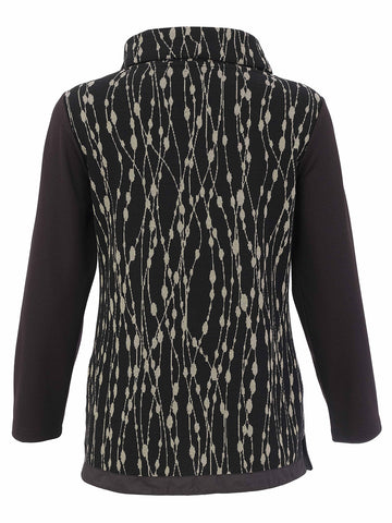 A side image of Dolcezza Cowl Neck Sweater with a black base and beige vertical dotted pattern