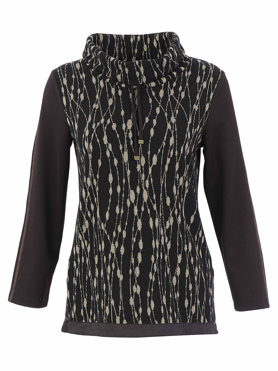 A women's long-sleeve Dolcezza Sweater with a high mock neck, featuring a black and beige vertical dotted pattern on the body and solid black sleeves.