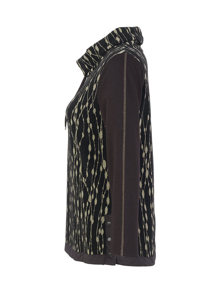 A side image of Dolcezza Cowl Neck Sweater with a black base and beige vertical dotted pattern