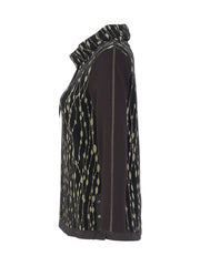 A side image of Dolcezza Cowl Neck Sweater with a black base and beige vertical dotted pattern