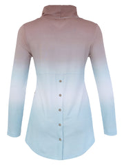A women's long-sleeve cowl neck top with a smooth gradient color transition from dusty rose pink at the top to light blue at the bottom, featuring a button-down back.