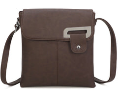 Brown handbag with flap detail and long strap on white background 