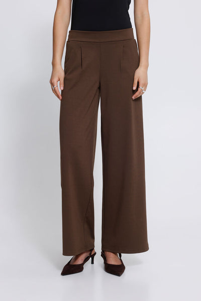 Ichi Brown wide leg pants worn by a person on a white background