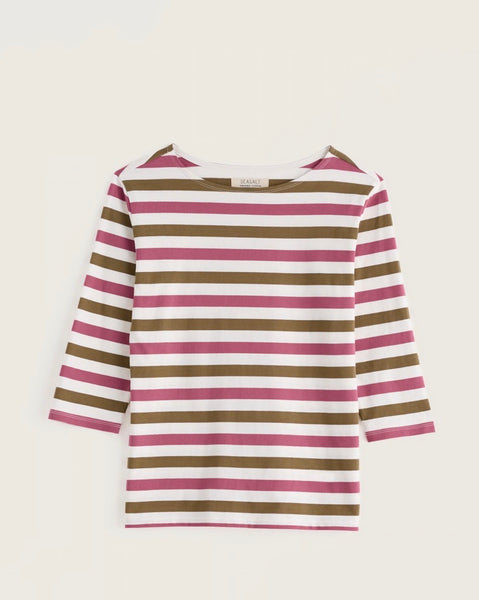 A Seasalt Sailor 3/4 sleeve top with horizontal stripes in white, dusty pink, and olive green, displayed against a light off-white background.