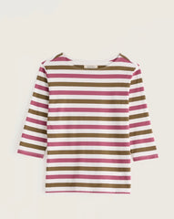 A Seasalt Sailor 3/4 sleeve top with horizontal stripes in white, dusty pink, and olive green, displayed against a light off-white background.
