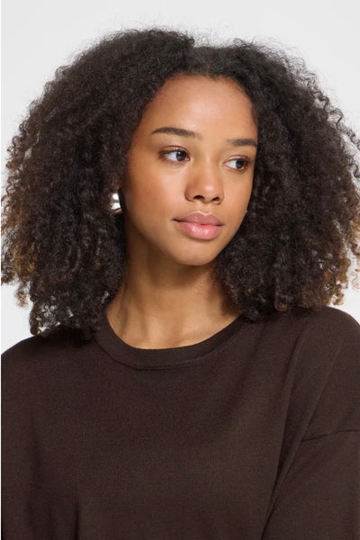 A close up of model wearing brown crew neck Ichi top. 