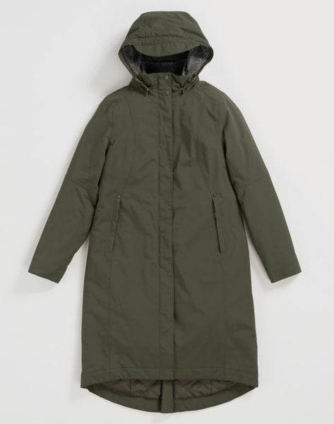 Seasalt olive green hooded  jacket with a high collar, front zipper, and zippered side pockets, shown against a plain light grey background.