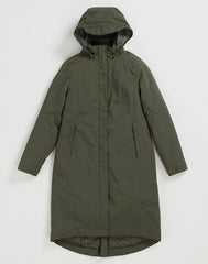 Seasalt olive green hooded  jacket with a high collar, front zipper, and zippered side pockets, shown against a plain light grey background.
