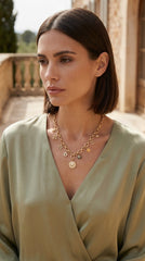 A woman with short dark brown hair wearing Envy Jewellery gold star and coin charm necklace over a sage green wrap top, set against a warm stone balcony background.