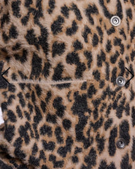 Close-up of a leopard print Rino Pelle faux fur garment with black buttons and a horizontal seam.