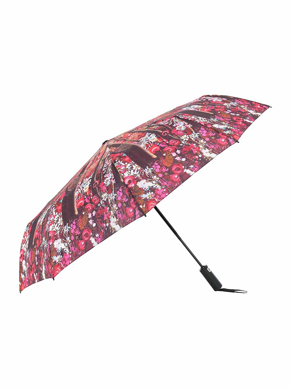 Dolcezza compact folding umbrella with a dense floral print in pink, red, white, and brown, shown open against a solid white background.