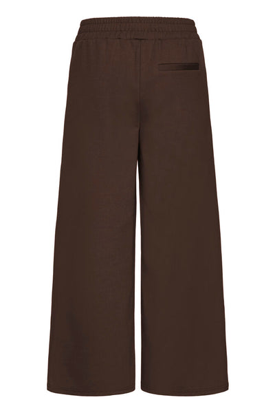 Ichi Dark brown wide-leg cropped pants with an elastic waistband and a side welt pocket, shown against a plain white background.