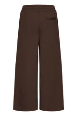 Ichi Dark brown wide-leg cropped pants with an elastic waistband and a side welt pocket, shown against a plain white background.