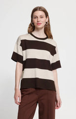 Woman wearing an Ichi brown and cream striped short sleeve, crew neck top with brown trousers on a light grey background.