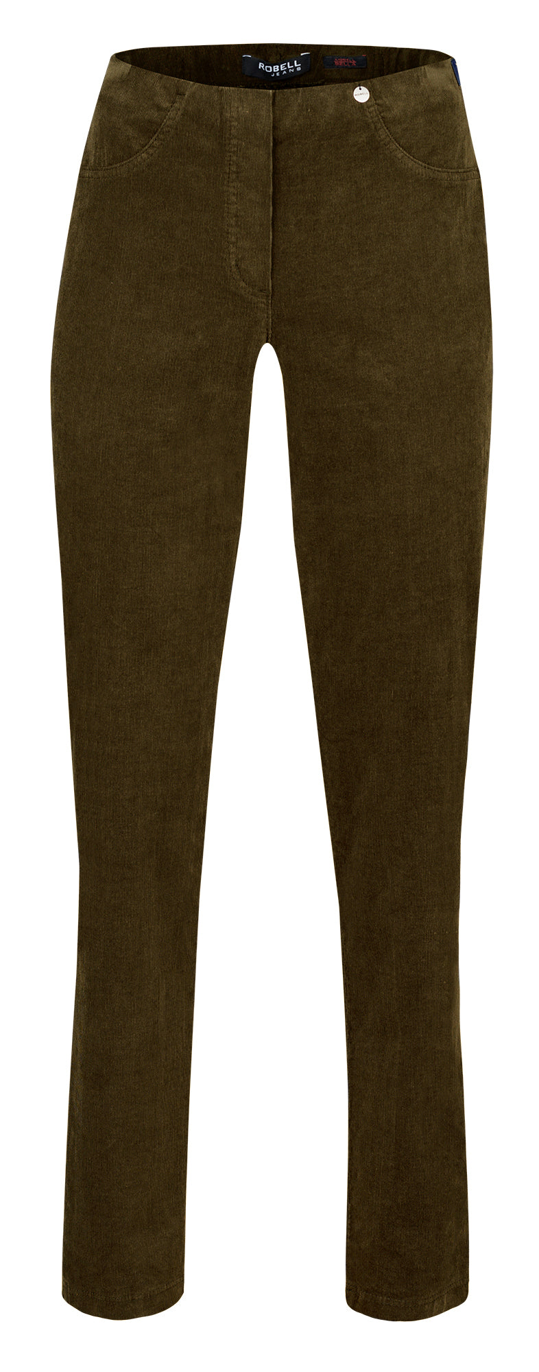 A pair of Robell slim-fit corduroy pants in a dark  brown colour, shown against a plain white background.