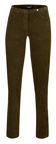 A pair of Robell slim-fit corduroy pants in a dark  brown colour, shown against a plain white background.