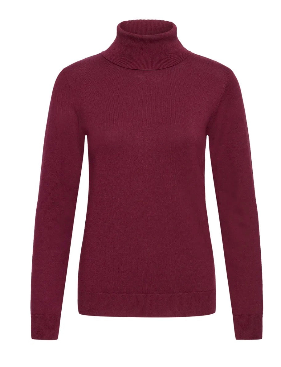 Ichi burgundy roll neck jumper with long sleeves on a white background.