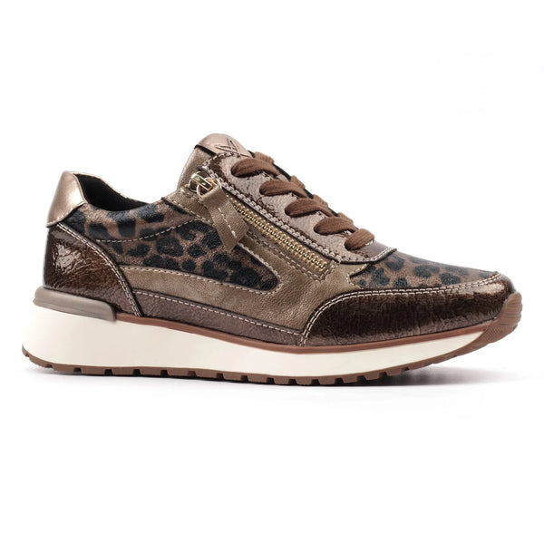 Brown sneaker with leopard print pattern on a white background