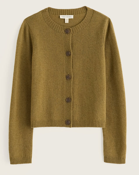 Seasalt olive green cropped cardigan sweater with dark brown buttons, shown flat against a light off-white background.