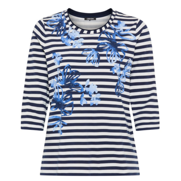 Olsen Women's Lincolnshire Navy and white striped top with blue floral patterns 