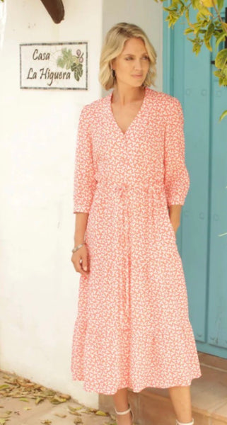 Pomodoro Women’s midi dress in coral pink  tier layered, 3/4 sleeves, waist drawstring tie, and side pockets. 