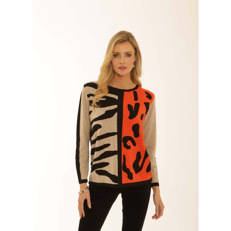 Pomodoro Women’s Animal Mix Jumper| Mandarin 12557