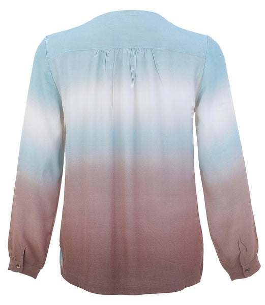 Dolcezza long-sleeve blouse shown from the back, featuring a vertical ombre gradient that transitions from light blue at the top to white in the middle and fades into a dusty rose pink at the bottom.