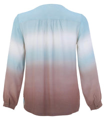 Dolcezza long-sleeve blouse shown from the back, featuring a vertical ombre gradient that transitions from light blue at the top to white in the middle and fades into a dusty rose pink at the bottom.