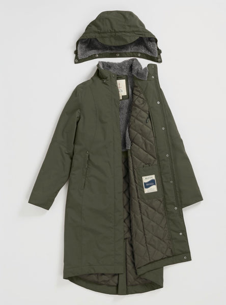 Seasalt olive green hooded coat with grey quilted lining, shown open against a light grey background. The hood is displayed above the coat, and a small brand patch is visible on the lining.