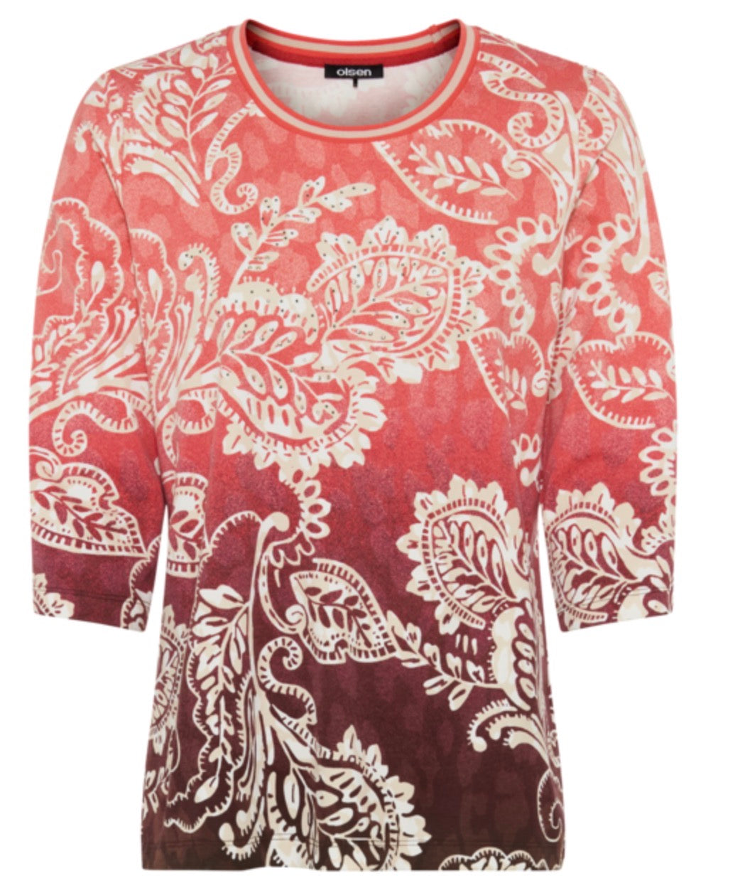 Olsen Women’s three-quarter sleeve top with a red and cream paisley pattern and a vertical colour gradient fading from coral red at the top to deep burgundy at the bottom. 