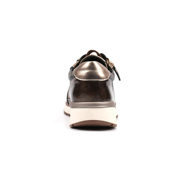 Women's lace-up shoe shown from the back, featuring a metallic bronze leather upper, dark brown laces, and a thick cream-colored platform sole.