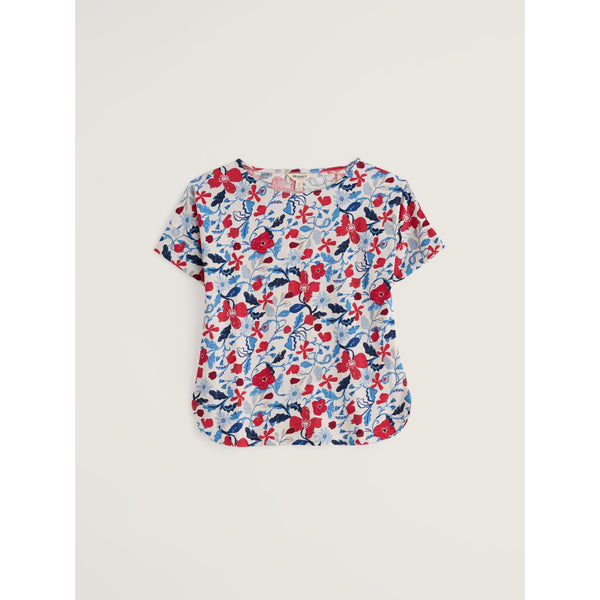 Floral patterned top on a light grey background.