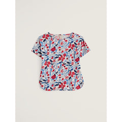 Floral patterned top on a light grey background.