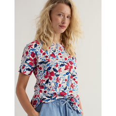Seasalt Women's T-Shirt in red and blue flowers with short sleeves.