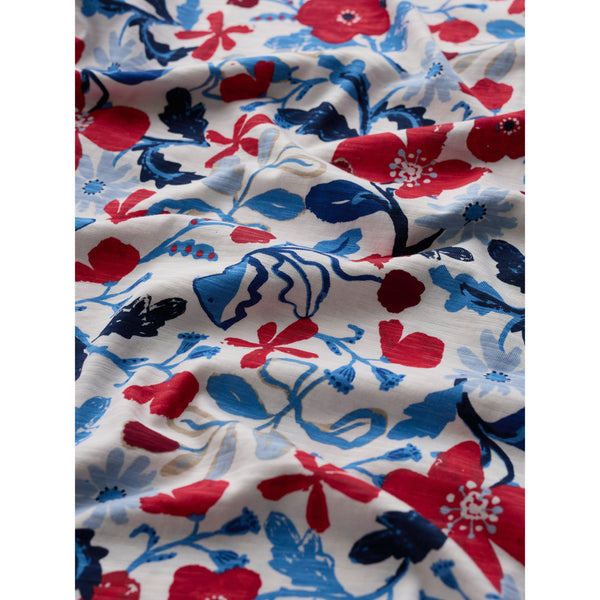 Close-up of fabric with red, blue, and white floral pattern.